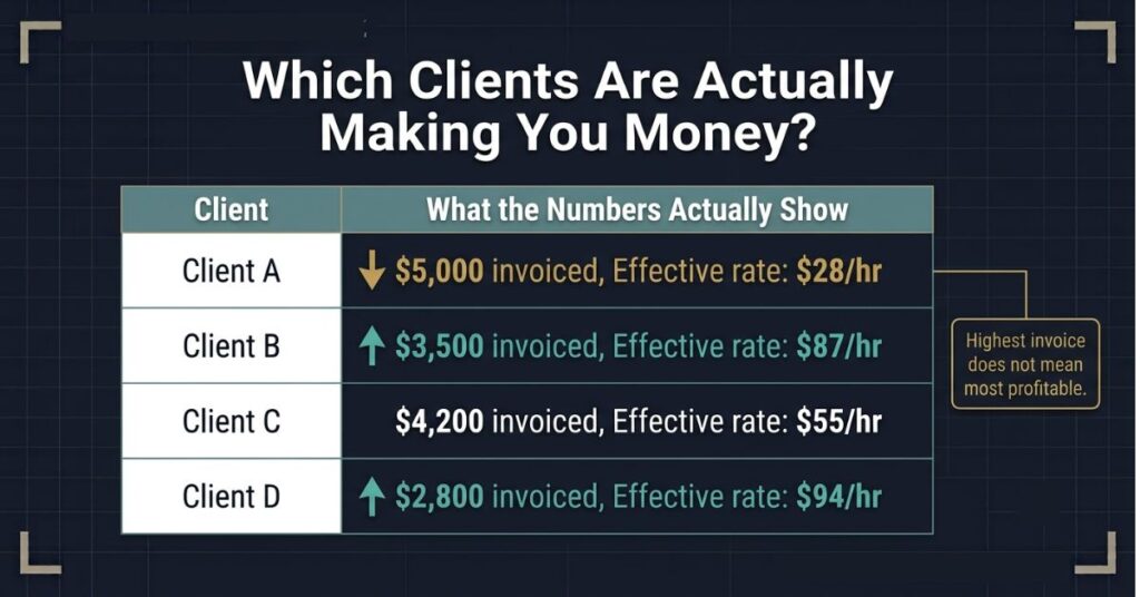 Client A at 5000 dollars invoiced and 28 dollars per hour in amber with a downward arrow Client B at 3500 dollars invoiced and 87 dollars per hour in teal with an upward arrow Client C at 4200 dollars invoiced and 55 dollars per hour in white and Client D at 2800 dollars invoiced and 94 dollars per hour in teal with an upward arrow and an amber callout box reading Highest invoice does not mean most profitable with the headline Which Clients Are Actually Making You Money