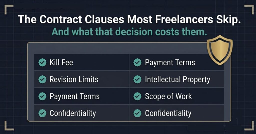 Kill Fee Revision Limits Payment Terms Intellectual Property Scope of Work and Confidentiality with a gold shield icon in the top right and the headline The Contract Clauses Most Freelancers Skip and teal sub-headline And what that decision costs them