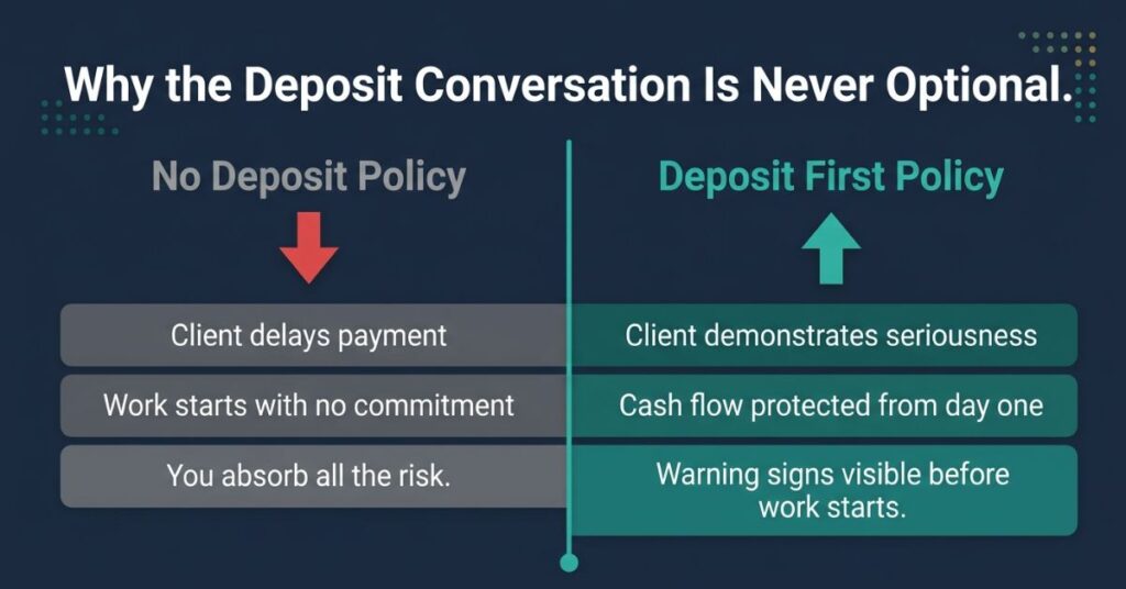 Graphic design split layout on dark background with the left side labelled No Deposit Policy in grey with a downward red arrow and three grey bullet rows reading Client delays payment Work starts with no commitment and You absorb all the risk and the right side labelled Deposit First Policy in teal with an upward teal arrow and three white bullet rows reading Client demonstrates seriousness Cash flow protected from day one and Warning signs visible before work starts with a teal vertical divider and the headline Why the Deposit Conversation Is Never Optional