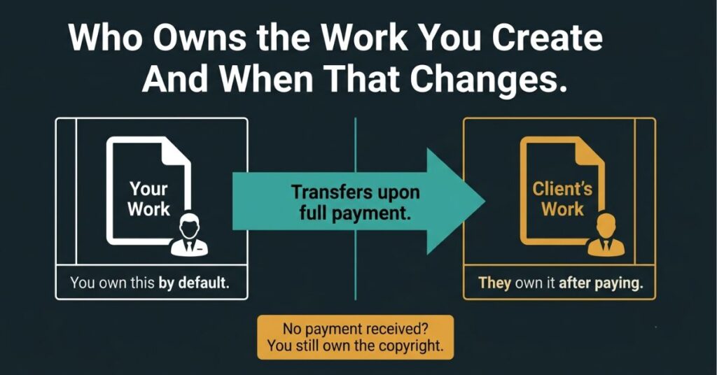 Graphic design ownership transfer diagram on dark background showing a white document icon labelled Your Work with a creator figure and the text You own this by default on the left a teal arrow in the center labelled Transfers upon full payment