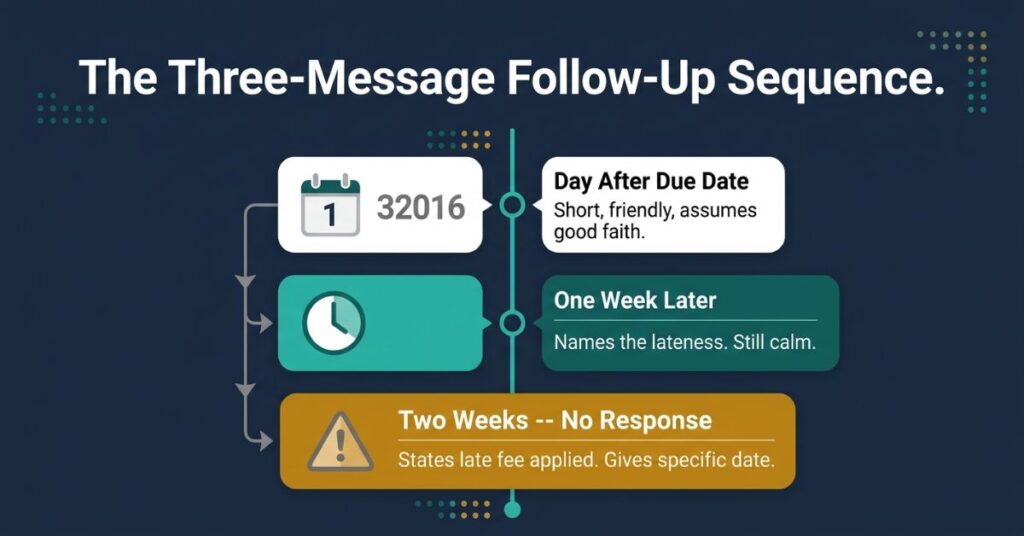 Graphic design three-step vertical timeline on dark background showing Step 1 in a white box labelled Day After Due Date with text Short friendly assumes good faith and Step 2 in a teal box labelled One Week Later with text Names the lateness Still calm and Step 3 in an amber box labelled Two Weeks No Response with text States late fee applied
