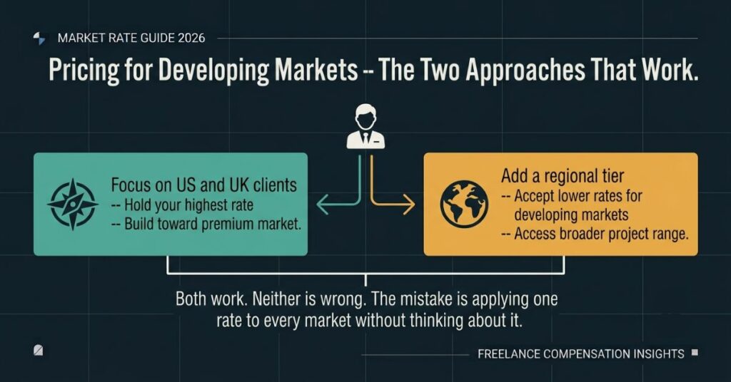 Focus on US and UK clients Hold your highest rate Build toward premium market and the right amber box reading Add a regional tier Accept lower rates for developing markets Access broader project range with a white connecting line below reading Both work Neither is wrong The mistake is applying one rate to every market without thinking about it and the headline Pricing for Developing Markets The Two Approaches That Work
