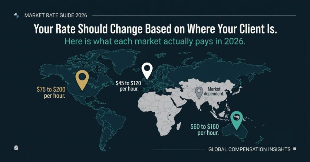 Featured graphic design image on dark navy background showing a world map outline in dark teal with four location pins dropping onto different regions a gold US pin labelled 75 to 200 dollars per hour a white UK pin labelled 45 to 120 dollars per hour a teal Australia pin labelled 60 to 160 dollars per hour and a grey Africa and Asia pin labelled Market dependent with the headline Your Rate Should Change Based on Where Your Client Is and sub-headline Here is what each market actually pays in 2026