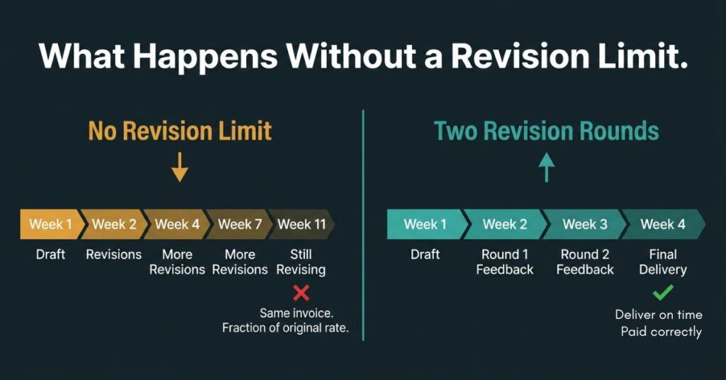 Graphic design split layout on dark background showing two timeline scenarios divided by a teal vertical line