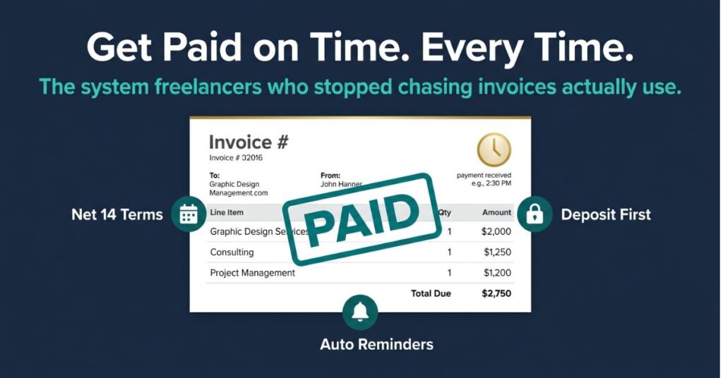 Featured graphic design image on dark navy background showing a clean invoice mockup with a bold teal PAID stamp overlaid and three white callout labels reading Net 14 Terms with a calendar icon Deposit First with a padlock icon and Auto Reminders with a bell icon with a gold clock in the top right corner and the headline Get Paid on Time