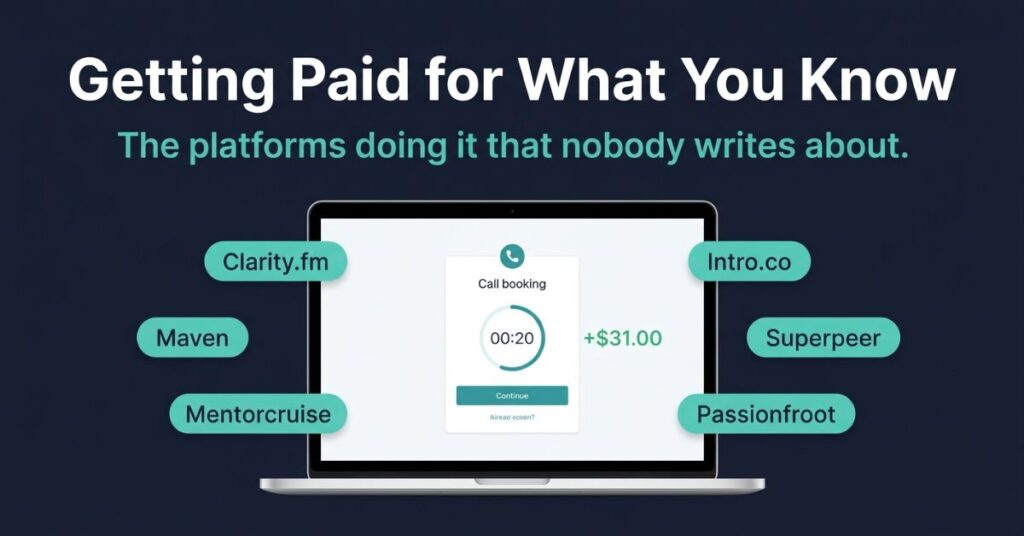 A running timer with dollar amount increasing surrounded by six floating teal platform name badges reading Clarity.fm Maven Mentorcruise Intro.co Superpeer and Passionfroot with the headline Getting Paid for What You Know and sub-headline The platforms doing it that nobody writes about