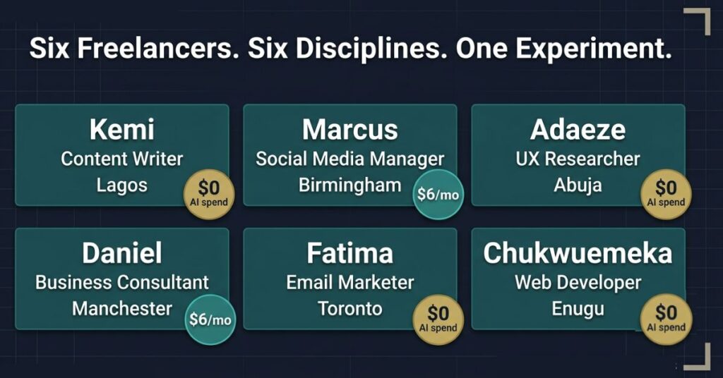 Kemi Content Writer Lagos Marcus Social Media Manager Birmingham Adaeze UX Researcher Abuja Daniel Business Consultant Manchester Fatima Email Marketer Toronto and Chukwuemeka Web Developer Enugu with gold zero dollar AI spend badges on four cards and teal 6 dollars per month badges on two cards and the headline Six Freelancers Six Disciplines One Experiment