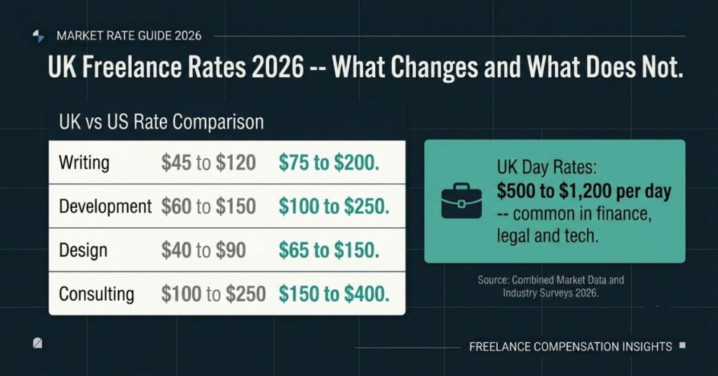 UK and US freelance rates across Writing Development Design and Consulting with UK rates in grey and US rates in teal