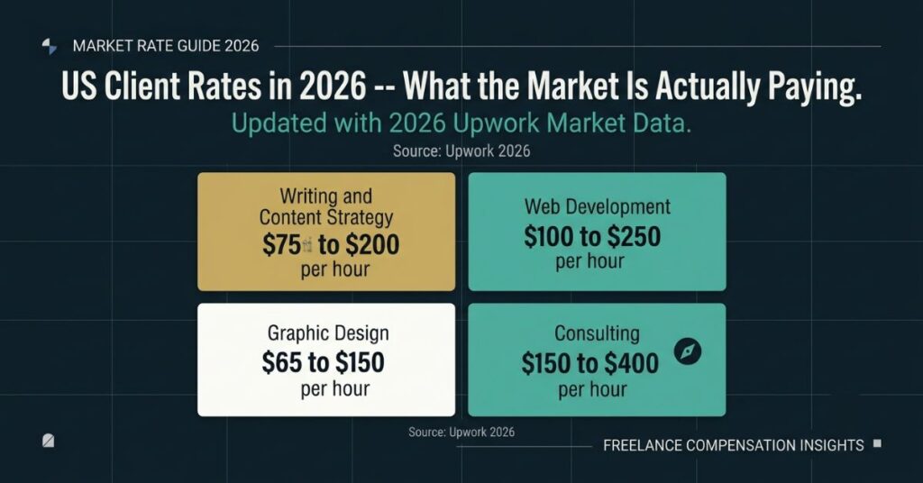 Development at 100 to 250 dollars per hour in teal Graphic Design at 65 to 150 dollars per hour in white and Consulting at 150 to 400 dollars per hour in teal with a small Source Upwork 2026 label and the headline US Client Rates in 2026 What the Market Is Actually Paying
