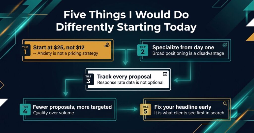 Start at 25 not 12 Anxiety is not a pricing strategy in amber Specialise from day one Broad positioning is a disadvantage in teal Track every proposal Response rate data is not optional in white Fewer proposals more targeted Quality over volume in teal and Fix your headline early It is what clients see first in search in gold with the headline Five Things I Would Do Differently Starting Today