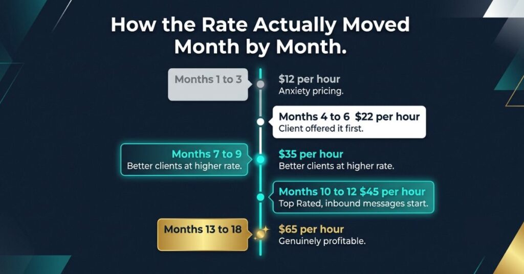 Months 1 to 3 at 12 dollars per hour labelled Anxiety pricing in grey Months 4 to 6 at 22 dollars labelled Client offered it first in white Months 7 to 9 at 35 dollars labelled Better clients at higher rate in teal Months 10 to 12 at 45 dollars labelled Top Rated inbound messages start in teal and Months 13 to 18 at 65 dollars labelled Genuinely profitable in gold with the headline How the Rate Actually Moved Month by Month