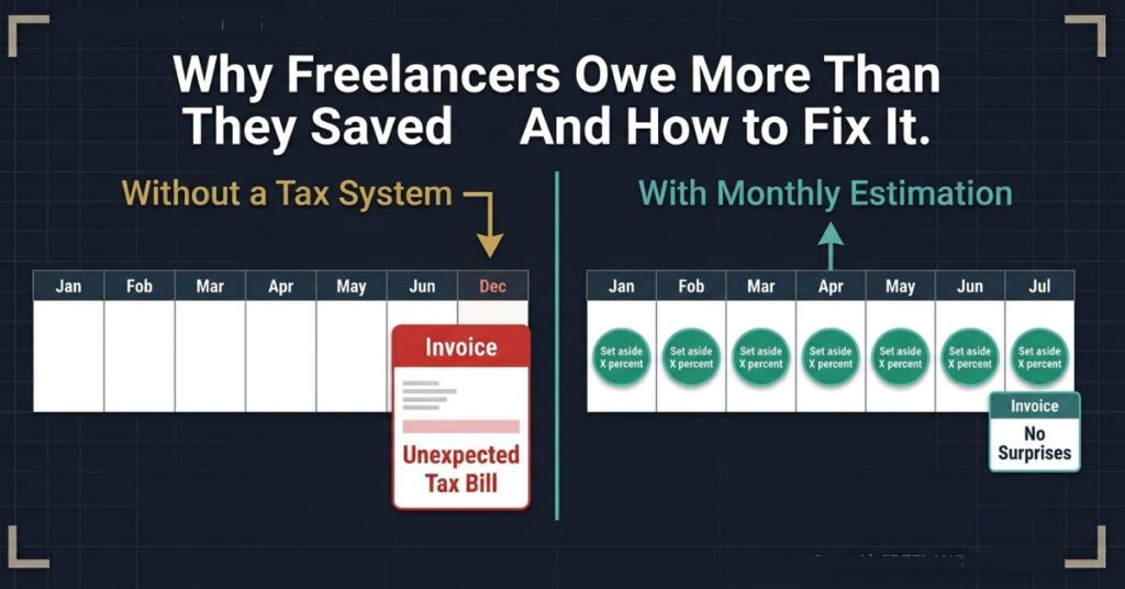 The left side labelled Without a Tax System in amber showing months with no tracking ending in a red Unexpected Tax Bill invoice and the right side labelled With Monthly Estimation in teal showing months with green percentage badges ending in a small teal No Surprises invoice with the headline Why Freelancers Owe More Than They Saved And How to Fix It
