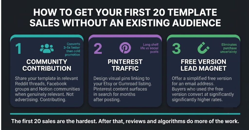 Infographic showing three channels for getting first Notion template sales without an existing audience: community contribution converting 3 to 5 times better than cold promotion, Pinterest traffic with long content shelf life and free version lead magnet that eliminates purchase uncertainty with the message the first 20 sales are hardest after that reviews and algorithms do more of the work