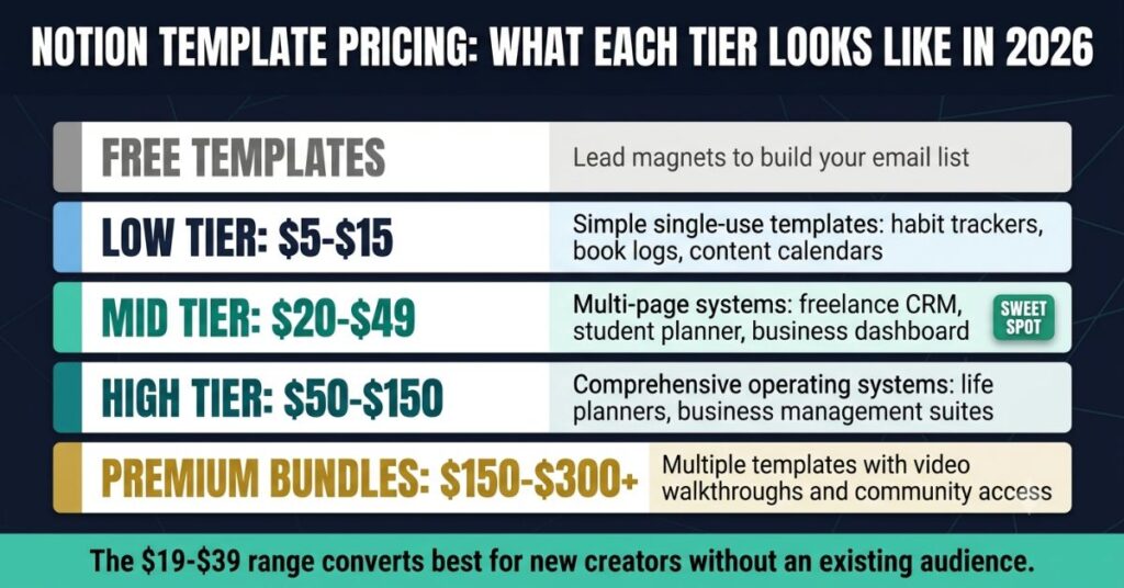 Infographic showing Notion template pricing tiers in 2026: free templates as lead magnets, low tier at 5 to 15 dollars for simple templates, mid tier at 20 to 49 dollars marked as sweet spot for multi-page systems, high tier at 50 to 150 for comprehensive operating systems and premium bundles at 150 to 300 plus with a stat showing the 19 to 39 dollar range converts best for new creators
