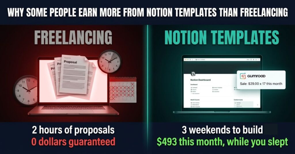 Featured image comparing freelancing showing 2 hours of proposals with zero dollars guaranteed on the left versus Notion templates showing 3 weekends to build earning 493 dollars this month while you slept on the right with the headline Why Some People Earn More From Notion Templates Than Freelancing