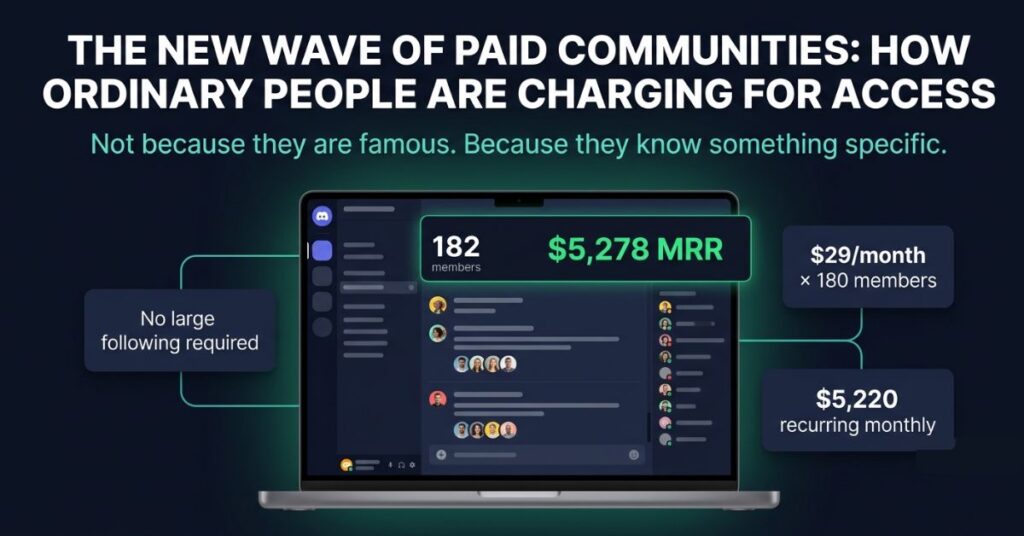 Featured image showing a glowing community platform dashboard with 182 members and 5278 dollars monthly recurring revenue with three floating cards showing no large following required 29 dollars per month times 180 members equals 5220 recurring monthly representing how ordinary people charge for access to paid communities