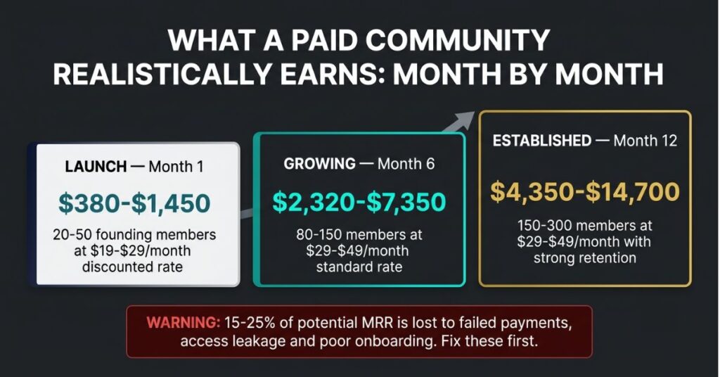 Three milestone income timeline showing paid community earnings from 380 to 1450 dollars at launch through 2320 to 7350 at month six to 4350 to 14700 at month twelve with warning about MRR leakage